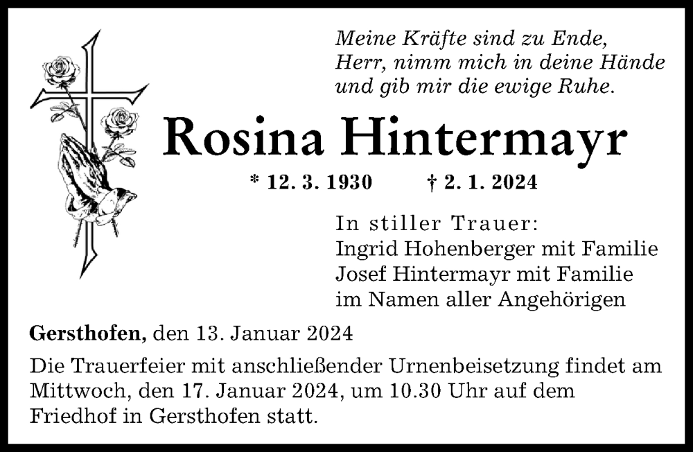 Traueranzeigen Von Rosina Hintermayr Augsburger Allgemeine Zeitung