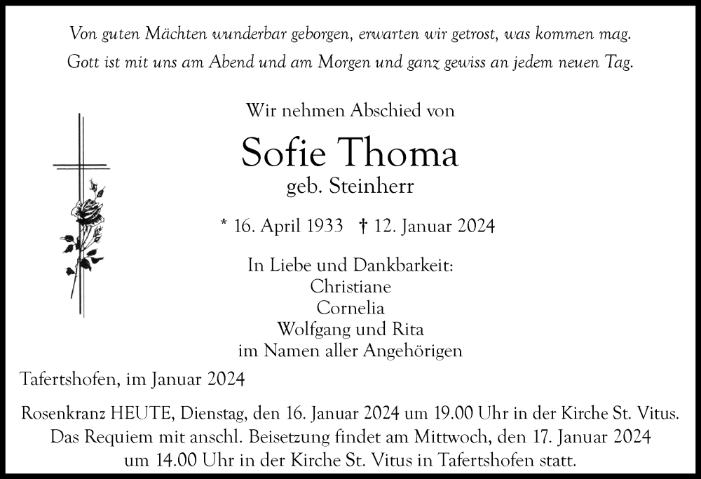 Traueranzeigen Von Sofie Thoma Augsburger Allgemeine Zeitung