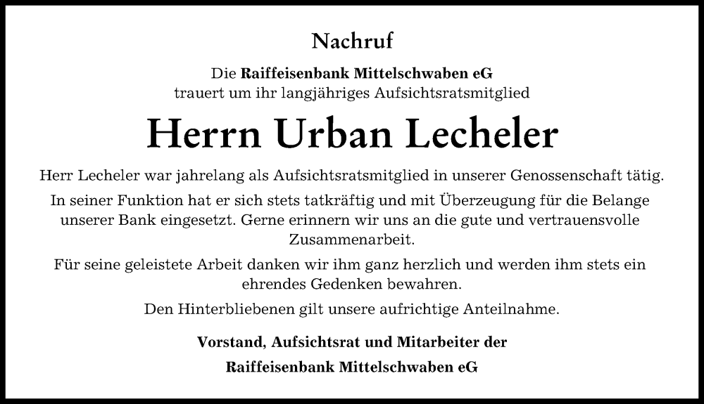 Traueranzeigen Von Urban Lecheler Augsburger Allgemeine Zeitung