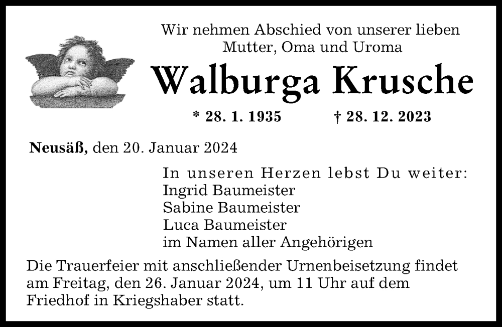 Traueranzeigen Von Walburga Krusche Augsburger Allgemeine Zeitung