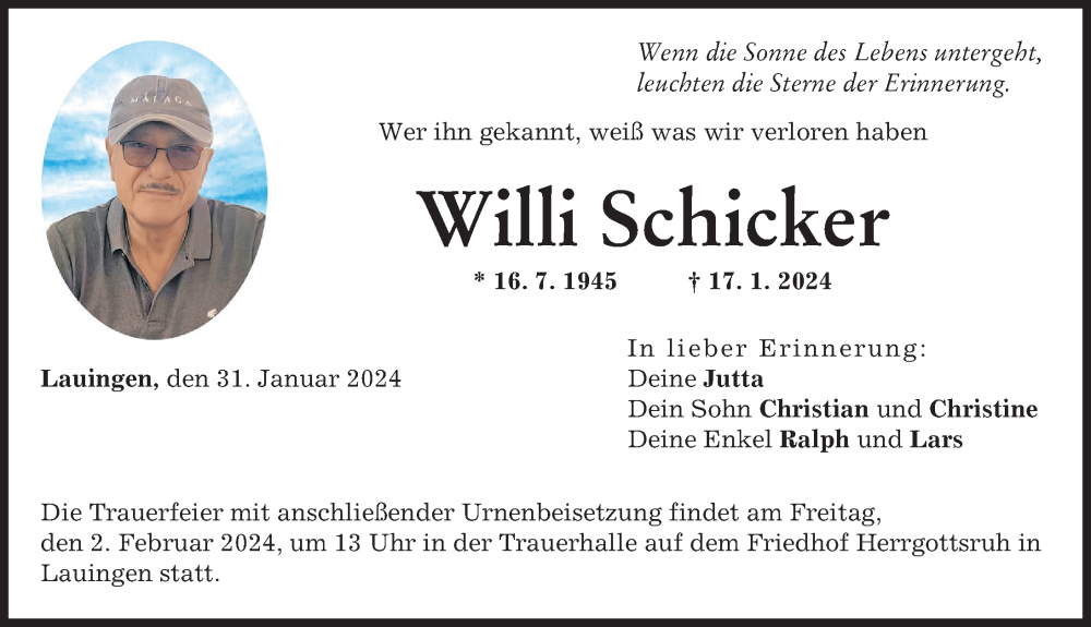 Traueranzeigen Von Willi Schicker Augsburger Allgemeine Zeitung