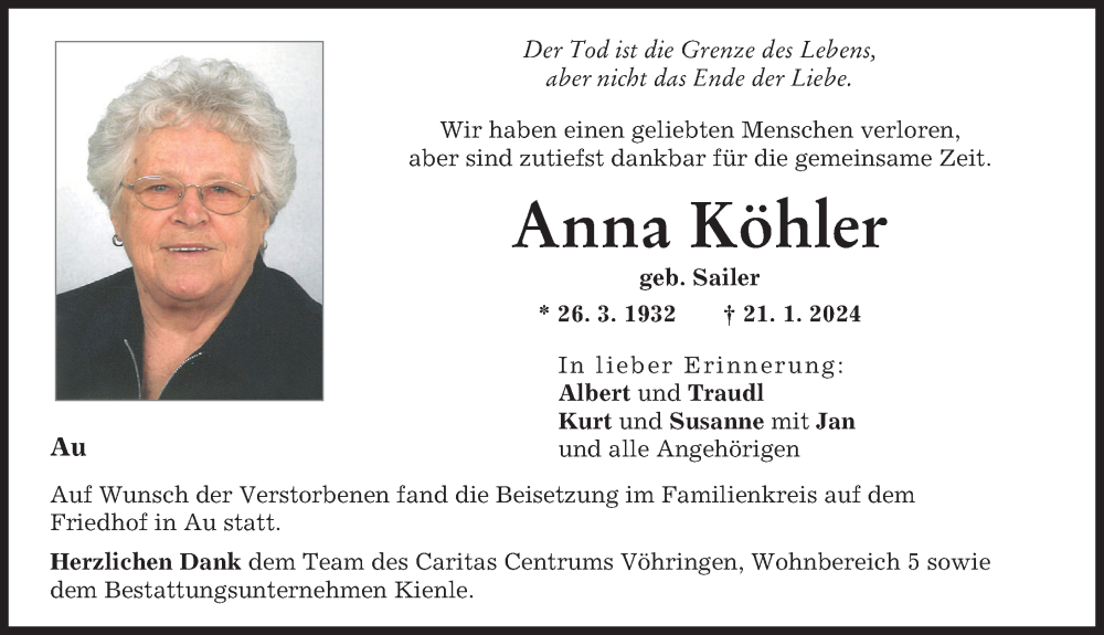 Traueranzeigen Von Anna K Hler Augsburger Allgemeine Zeitung