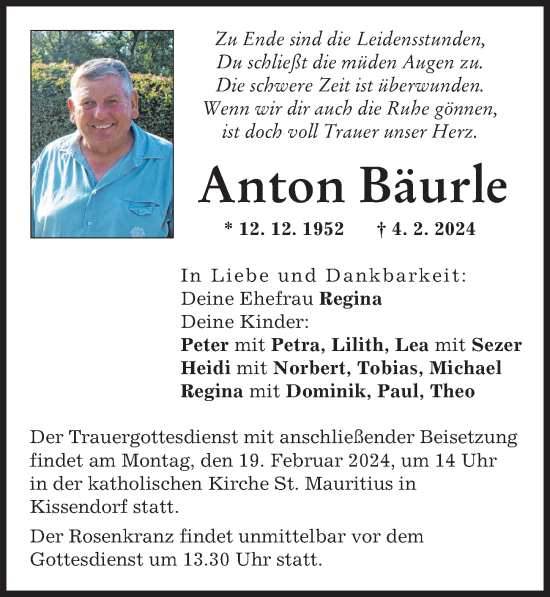 Traueranzeigen von Anton Bäurle Augsburger Allgemeine Zeitung