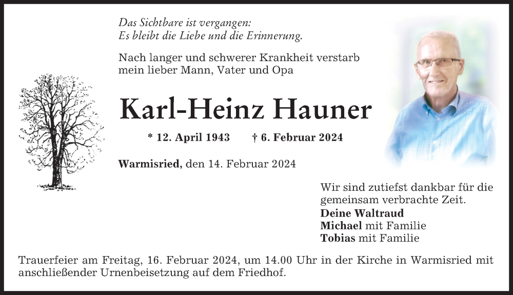 Traueranzeigen Von Karl Heinz Hauner Augsburger Allgemeine Zeitung