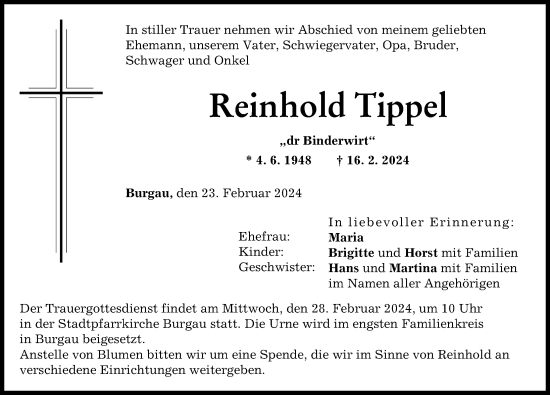 Traueranzeigen Von Reinhold Tippel Augsburger Allgemeine Zeitung