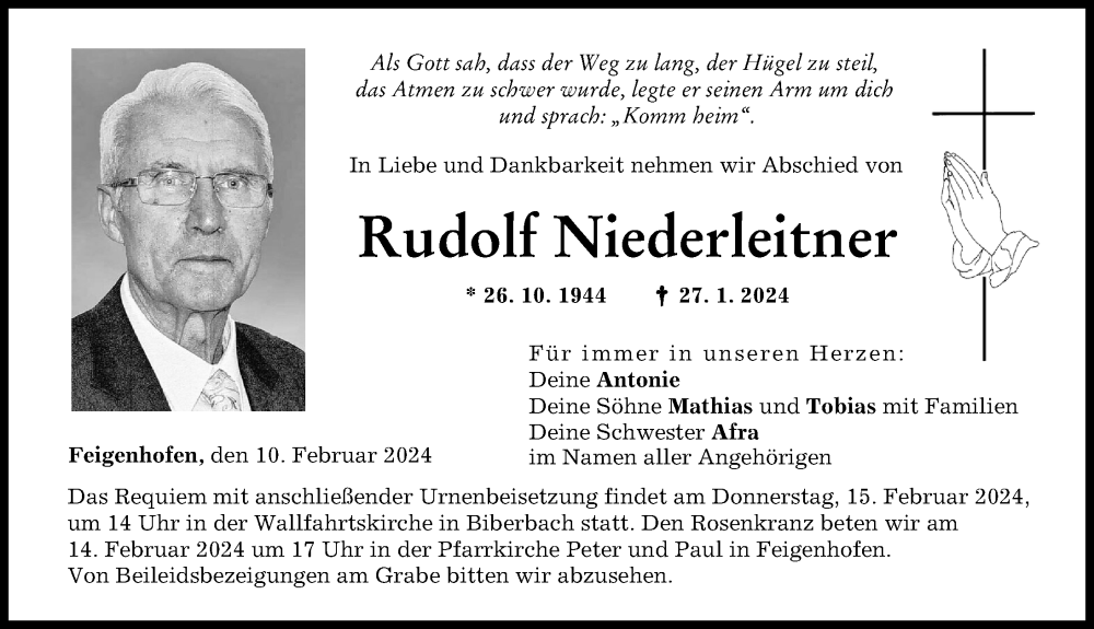 Traueranzeigen Von Rudolf Niederleitner Augsburger Allgemeine Zeitung