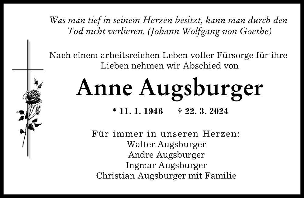 Traueranzeigen Von Anne Augsburger Augsburger Allgemeine Zeitung