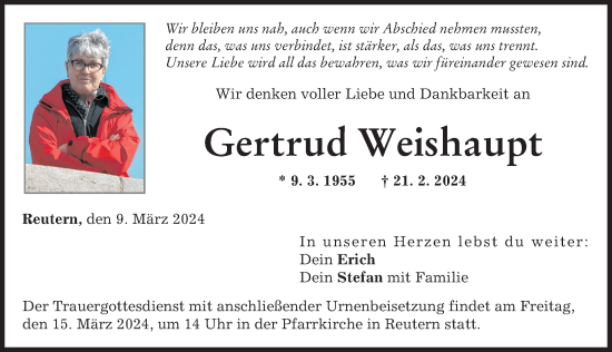 Traueranzeigen Von Gertrud Weishaupt Augsburger Allgemeine Zeitung