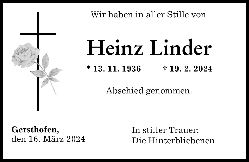 Traueranzeigen Von Heinz Linder Augsburger Allgemeine Zeitung