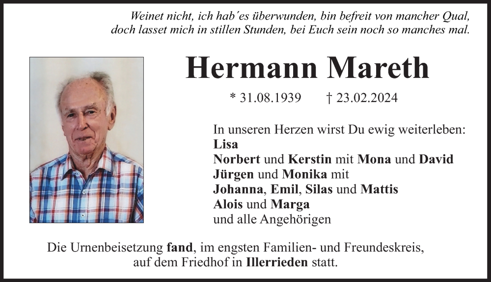 Traueranzeigen Von Hermann Mareth Augsburger Allgemeine Zeitung