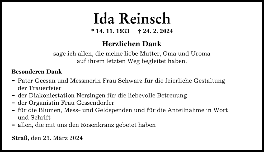 Traueranzeigen Von Ida Reinsch Augsburger Allgemeine Zeitung