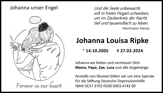 Traueranzeigen Von Johanna Louisa Ripke Augsburger Allgemeine Zeitung