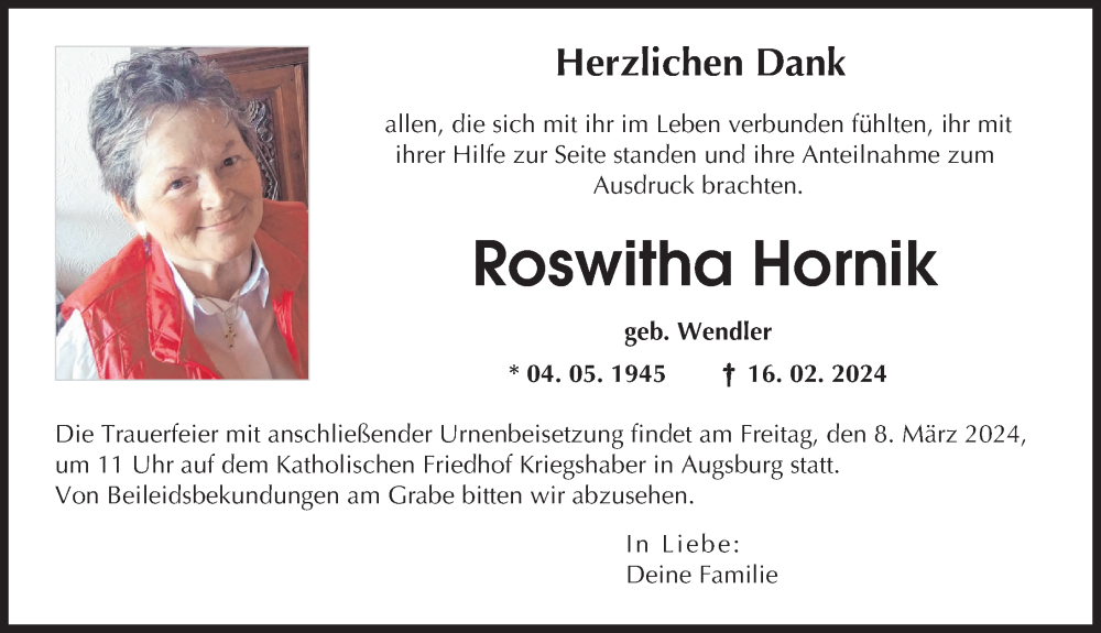 Traueranzeigen Von Roswitha Hornik Augsburger Allgemeine Zeitung