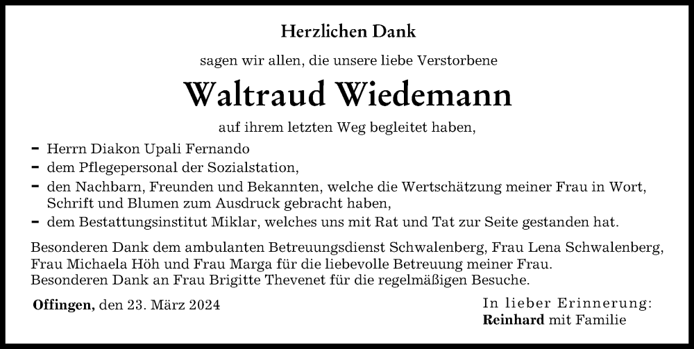 Traueranzeigen Von Waltraud Wiedemann Augsburger Allgemeine Zeitung