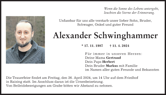 Traueranzeigen Von Alexander Schwinghammer Augsburger Allgemeine Zeitung