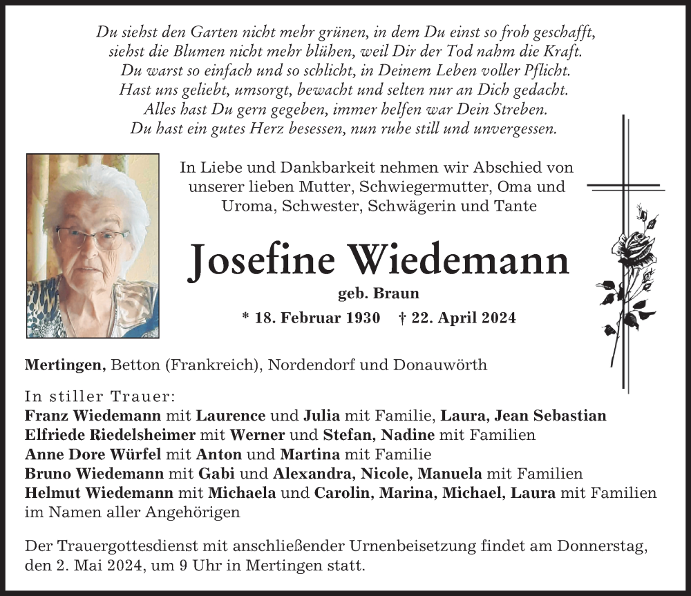 Traueranzeige von Josefine Wiedemann von Donauwörther Zeitung