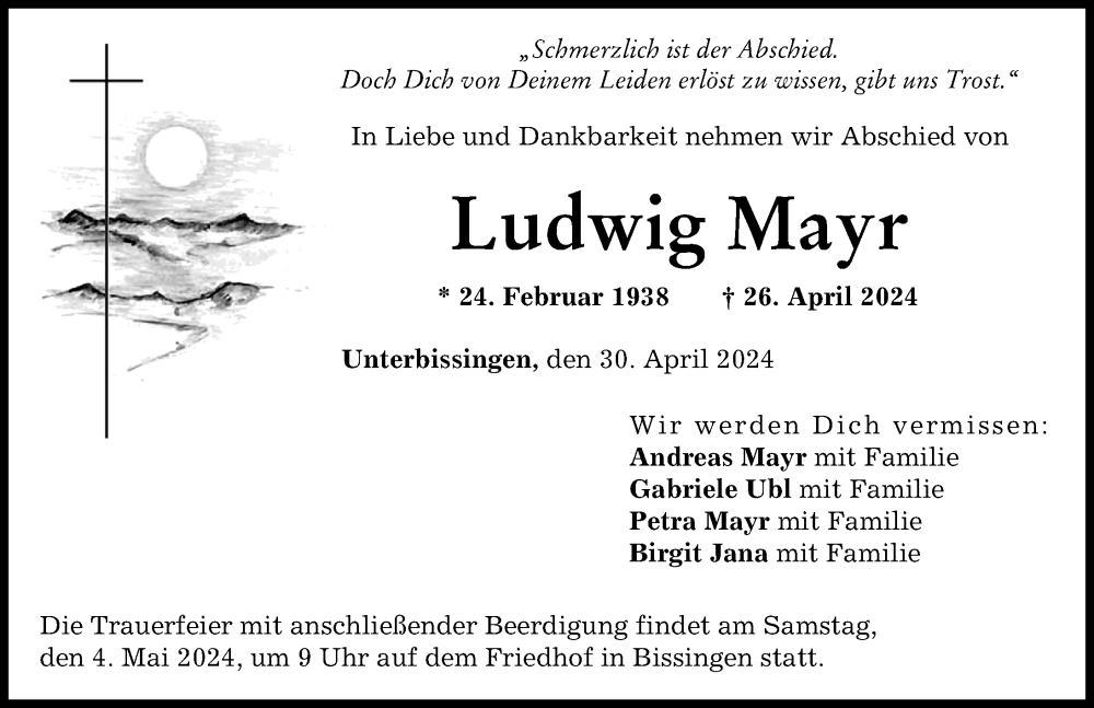 Traueranzeige von Ludwig Mayr von Donau Zeitung, Augsburg-Land