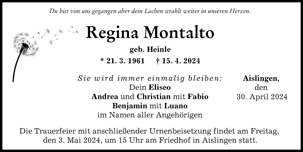 Traueranzeige von Regina Montalto von Günzburger Zeitung, Donau Zeitung