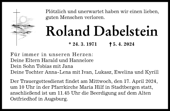 Traueranzeigen Von Roland Dabelstein Augsburger Allgemeine Zeitung