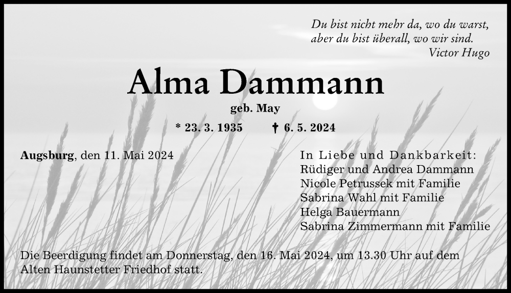 Traueranzeige von Alma Dammann von Augsburger Allgemeine