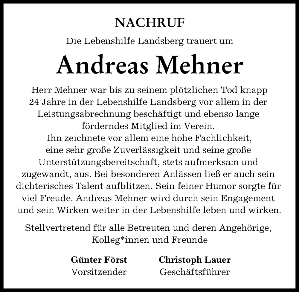 Traueranzeige von Andreas Mehner von Landsberger Tagblatt