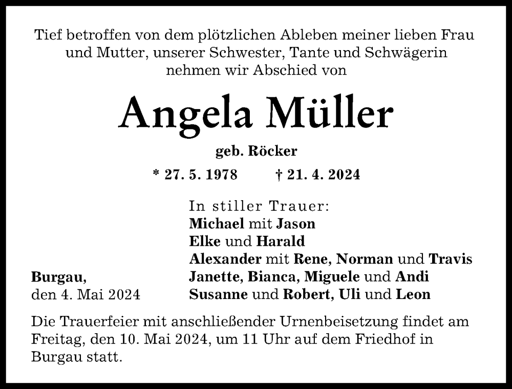 Traueranzeige von Angela Müller von Günzburger Zeitung