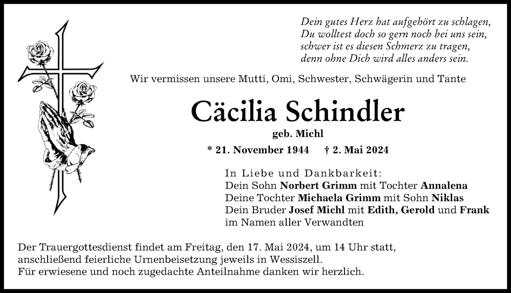 Traueranzeige von Cäcilia Schindler von Friedberger Allgemeine
