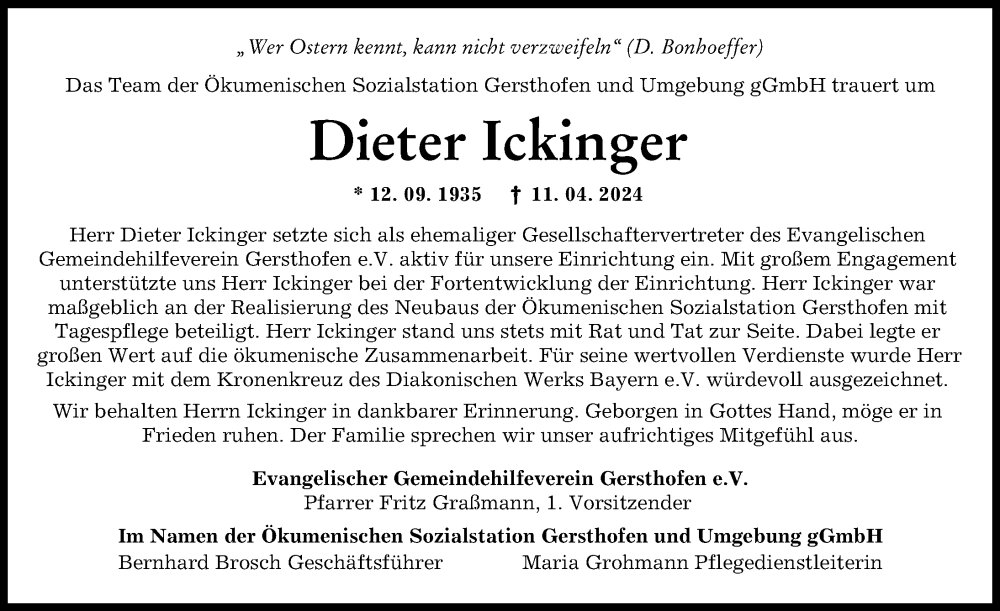 Traueranzeige von Dieter Ickinger von Augsburg-Land