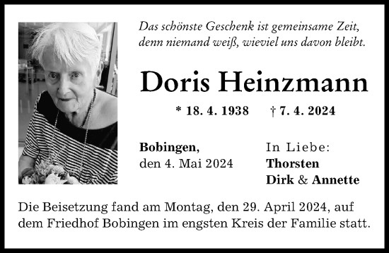 Traueranzeigen Von Doris Heinzmann Augsburger Allgemeine Zeitung