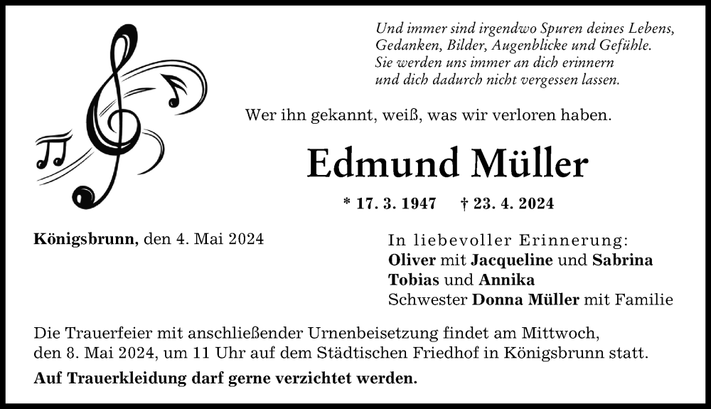 Traueranzeige von Edmund Müller von Schwabmünchner Allgemeine