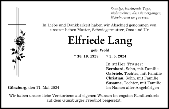 Traueranzeige von Elfriede Lang von Günzburger Zeitung