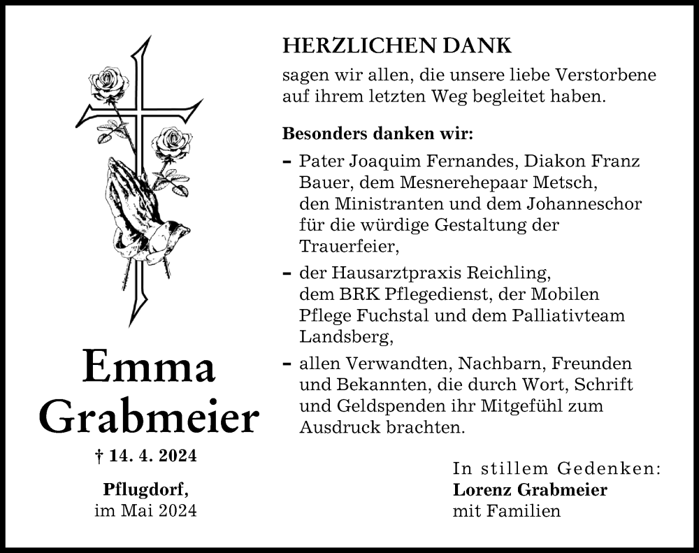Traueranzeige von Emma Grabmeier von Landsberger Tagblatt