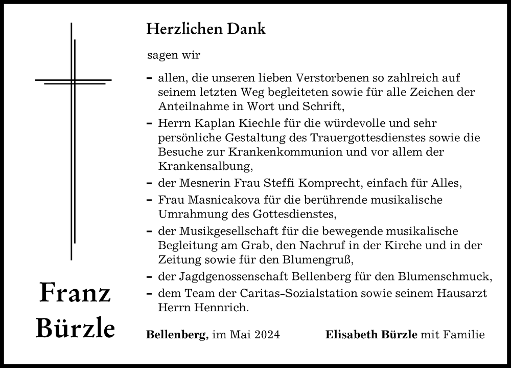 Traueranzeige von Franz Bürzle von Illertisser Zeitung