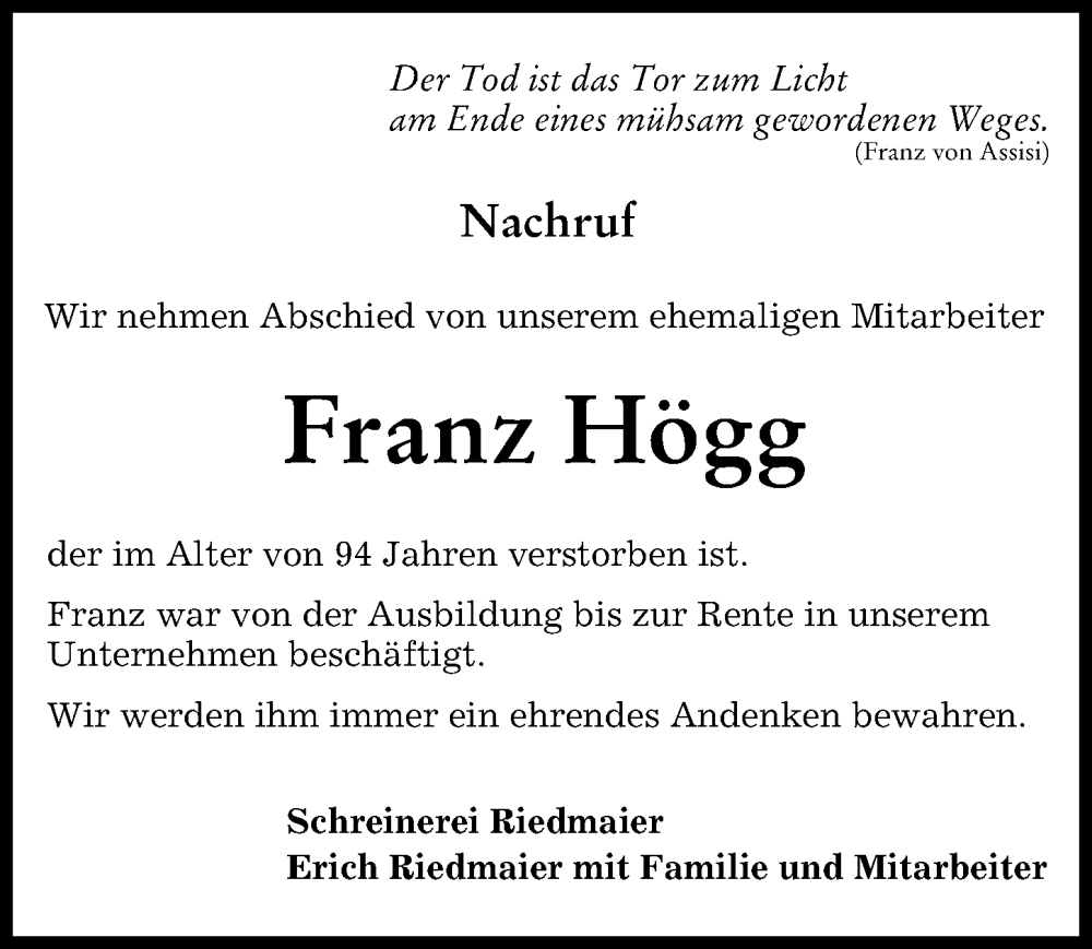 Traueranzeige von Franz Högg von Mindelheimer Zeitung
