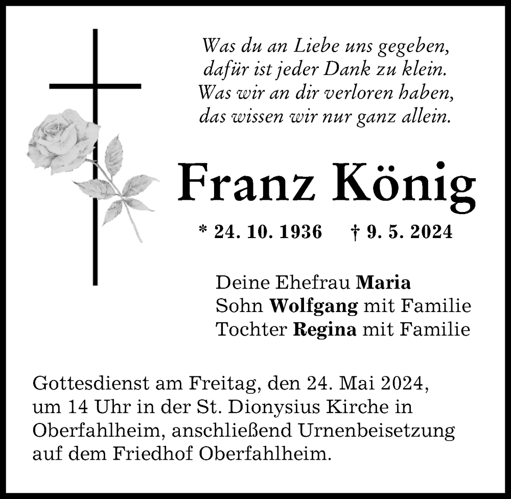 Traueranzeige von Franz König von Neu-Ulmer Zeitung