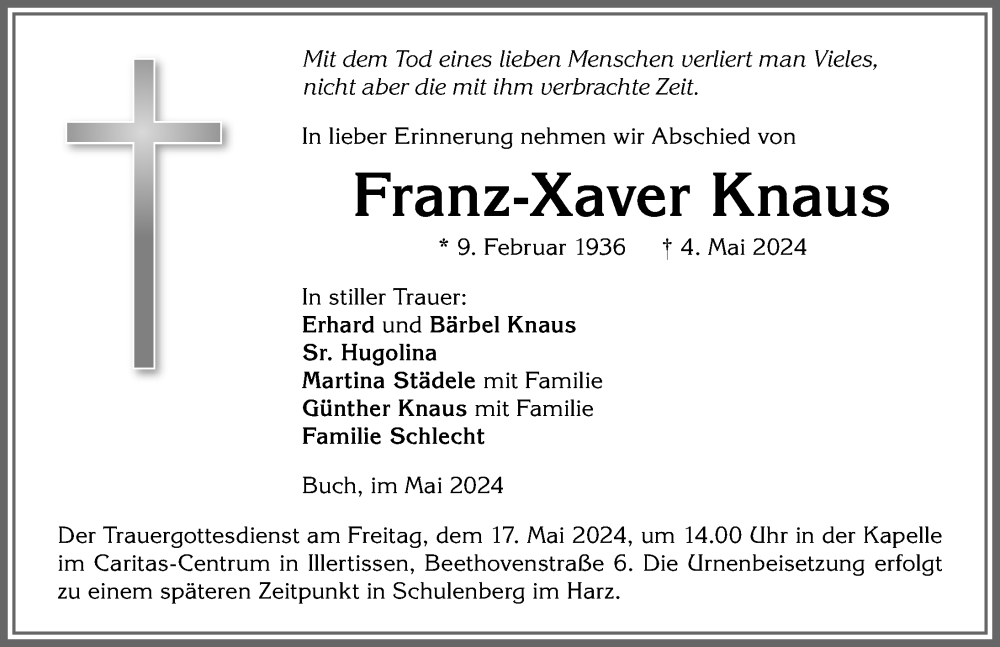 Traueranzeige von Franz-Xaver Knaus von Illertisser Zeitung