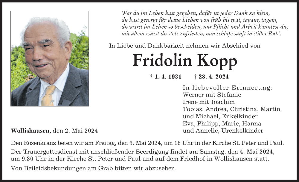Traueranzeige von Fridolin Kopp von Augsburger Allgemeine