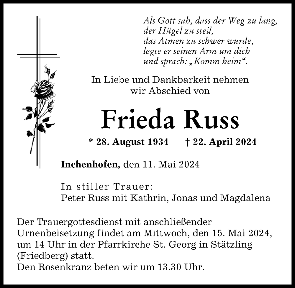 Traueranzeige von Frieda Russ von Augsburger Allgemeine