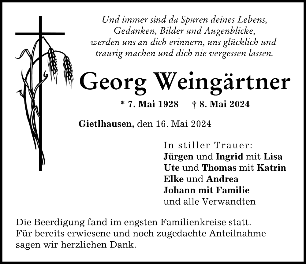 Traueranzeige von Georg Weingärtner von Neuburger Rundschau