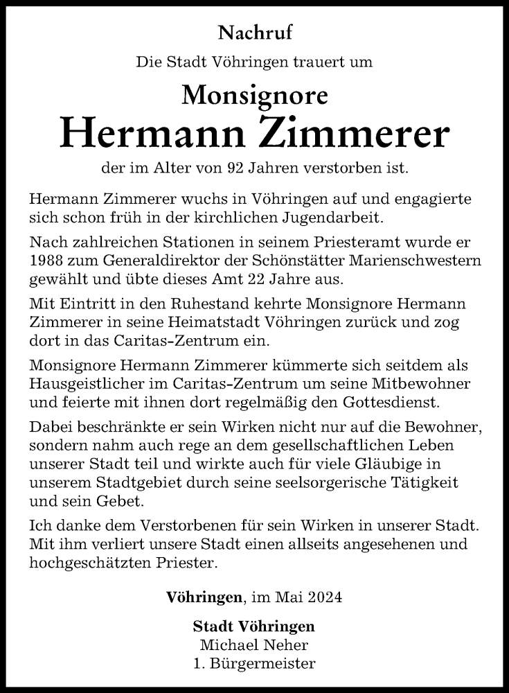 Traueranzeige von Hermann Zimmerer von Illertisser Zeitung