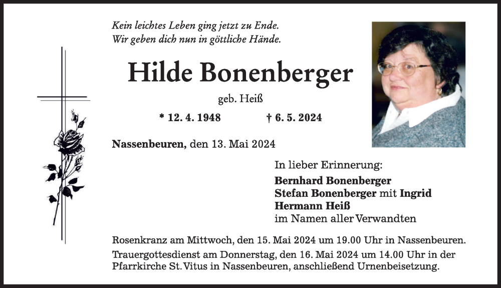 Traueranzeige von Hilde Bonenberger von Mindelheimer Zeitung