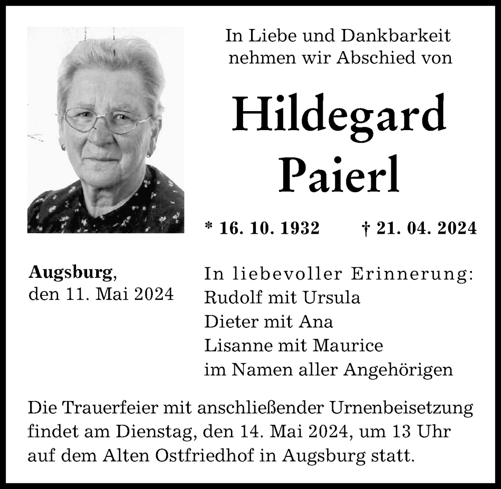 Traueranzeige von Hildegard Paierl von Augsburger Allgemeine