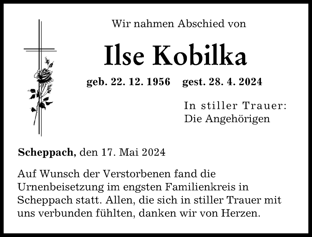 Traueranzeige von Ilse Kobilka von Günzburger Zeitung
