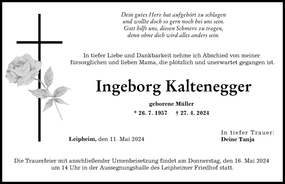 Traueranzeige von Ingeborg Kaltenegger von Günzburger Zeitung