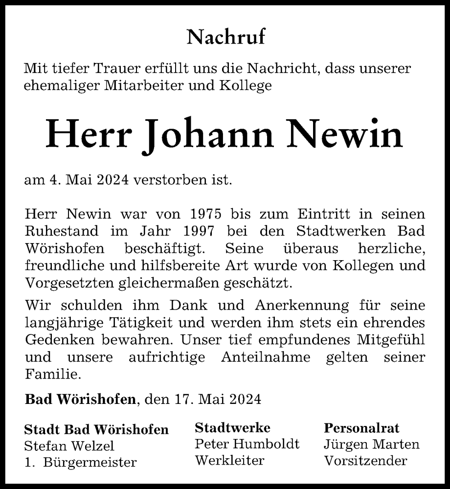 Traueranzeige von Johann Newin von Mindelheimer Zeitung