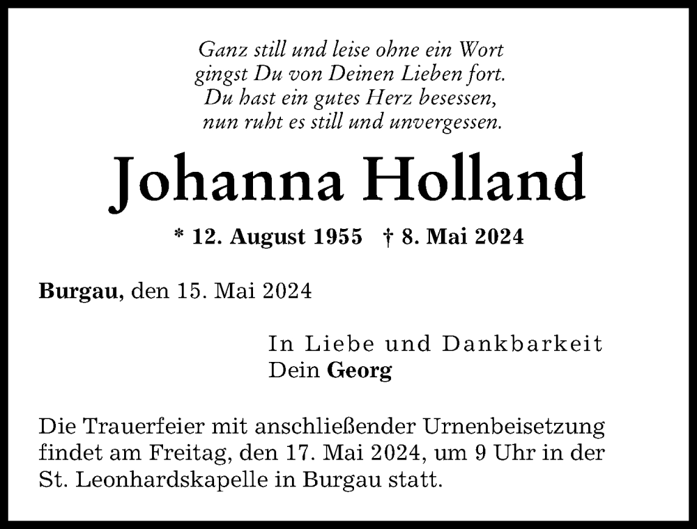 Traueranzeige von Johanna Holland von Günzburger Zeitung