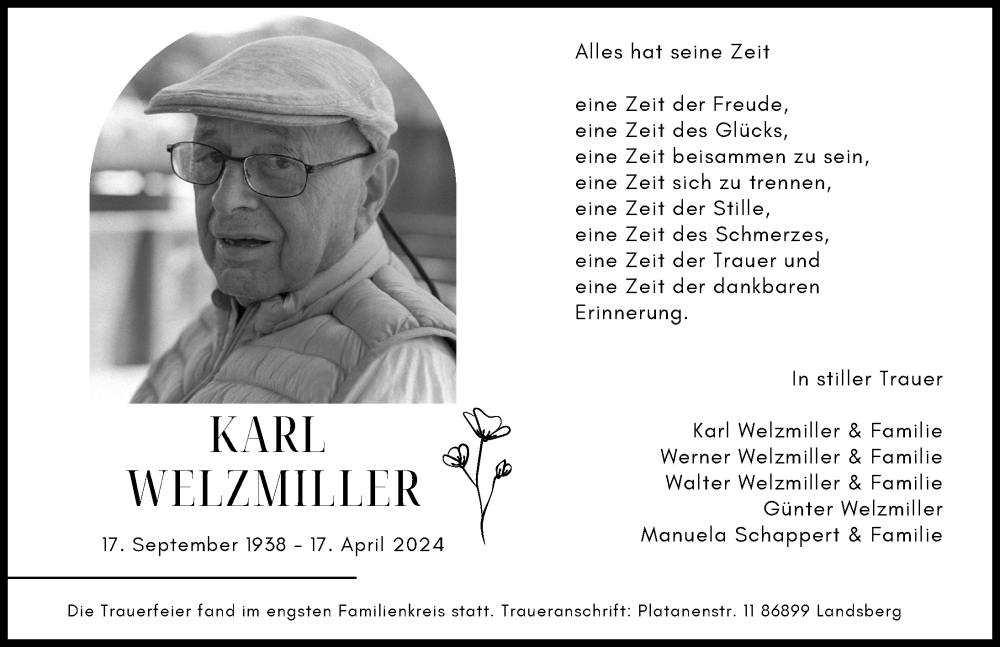Traueranzeige von Karl Welzmiller von Landsberger Tagblatt