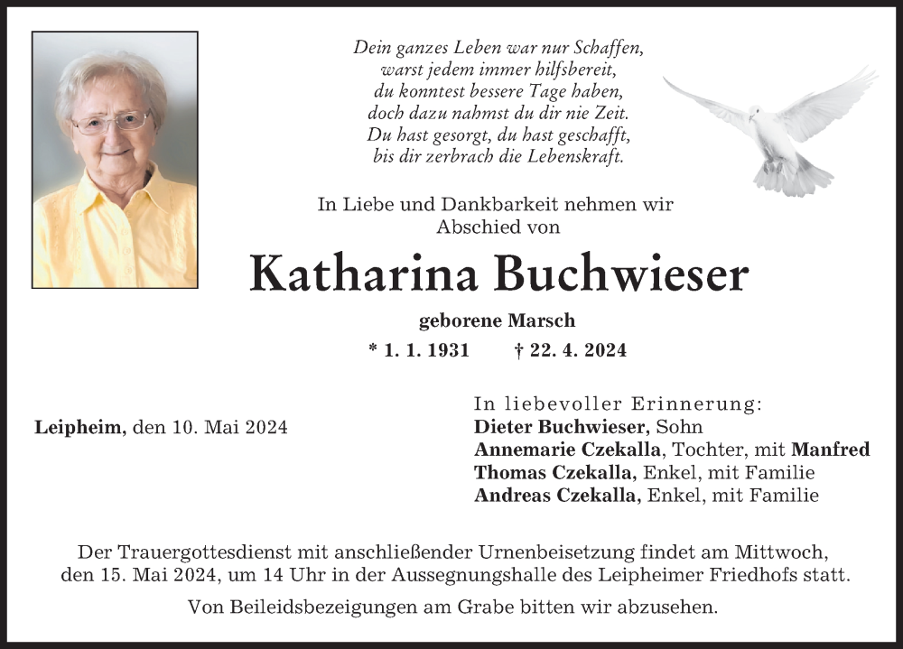 Traueranzeige von Katharina Buchwieser von Günzburger Zeitung