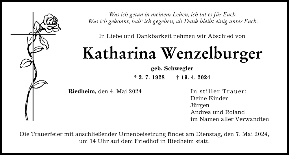 Traueranzeige von Katharina Wenzelburger von Günzburger Zeitung