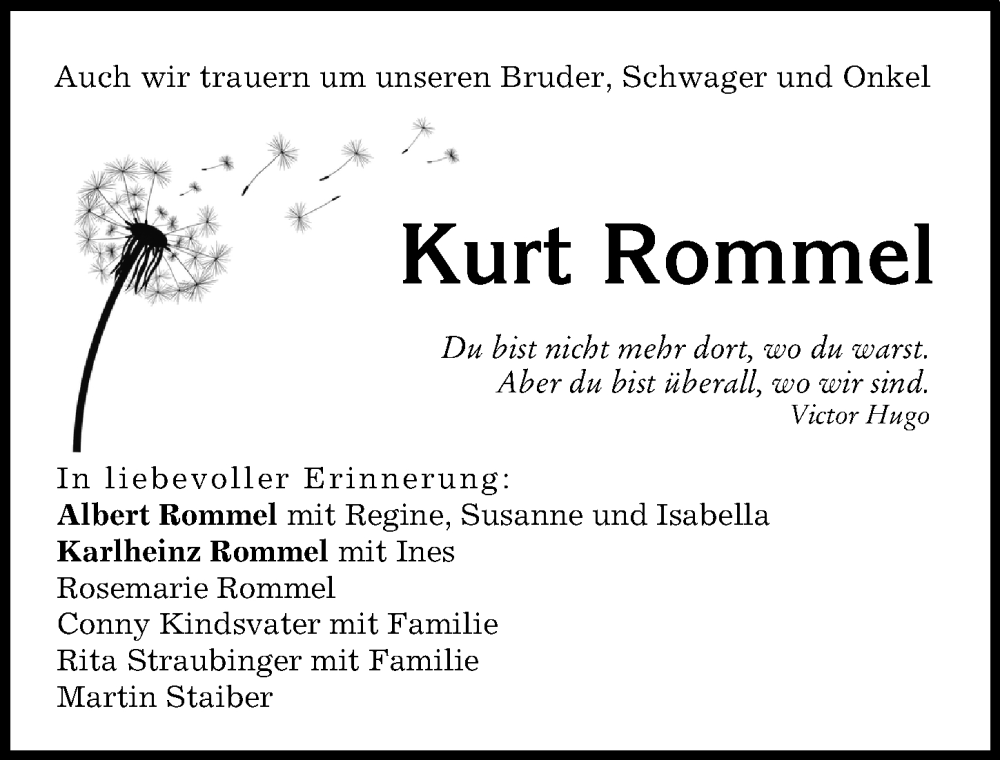 Traueranzeige von Kurt Rommel von Donau Zeitung